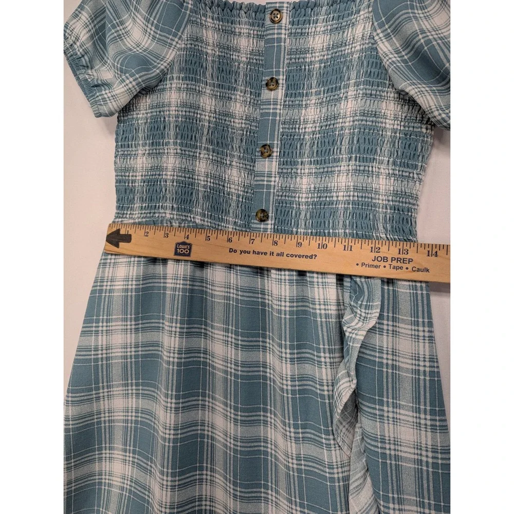 Wonder Nation Girls Plaid‎ Smocked Square Neck Ruffle Dress XL 14 16 Blue White